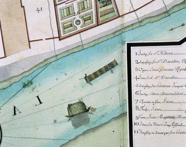 Détail de l'atlas des propriétés de l'abbaye Saint-Père, pl. 12 ('seconde partie des Fourneaux') : le trafic ur la Seine, avec un train de bois flottant.