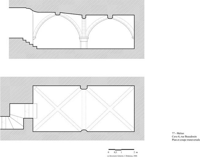 Plan et coupe de la cave médiévale.