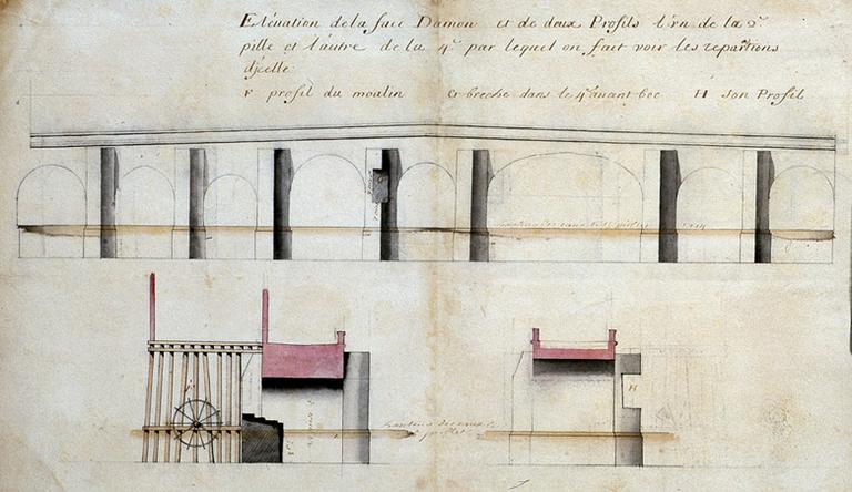 'Elévation de la face d'amont et de deux profils, l'un de la 2e pile et l'autre de la 4e par lequel on fait voir les réparations d'icelle'.