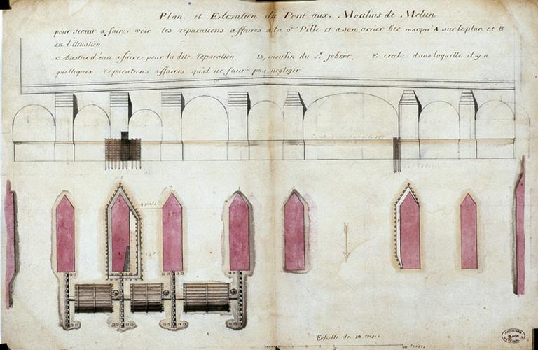 'Plan et élévation du pont aux moulins de Melun, pour servir à faire voir les réparations à faire à la 2e pile et à son arrière-bec'.