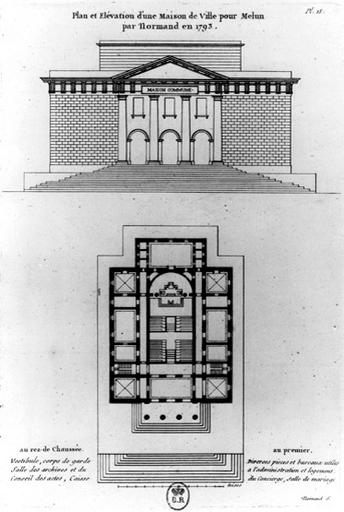 'Plan et élévation d'une Maison de Ville pour Melun par Normand en 1793'. Projet non réalisé.