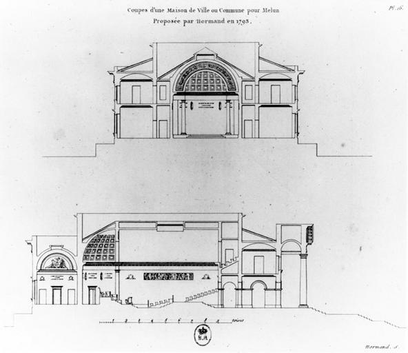 'Coupes d'une Maison de Ville ou commune pour Melun proposée par Normand en 1793'. Projet non réalisé.