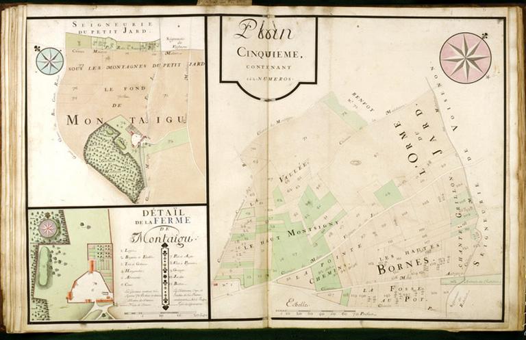Détail de l'atlas des propriétés de l'abbaye Saint-Père, pl. 5 : Montaigu (avec détail du plan de la ferme de Montaigu).