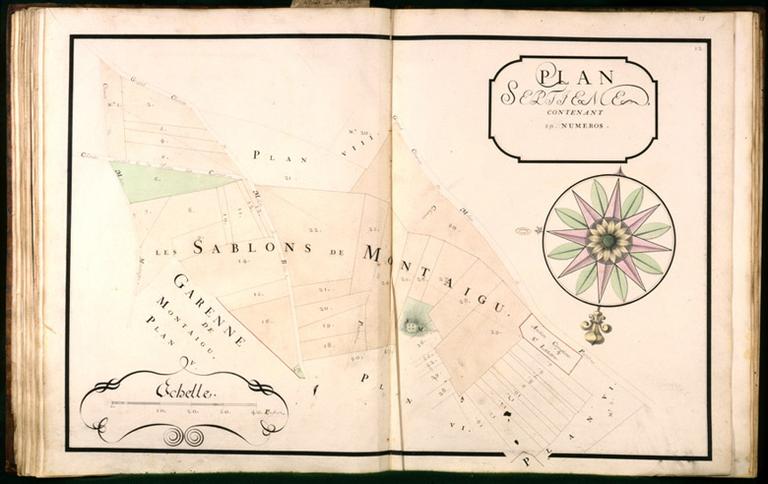 Détail de l'atlas des propriétés de l'abbaye Saint-Père, pl. 7 : les Sablons de Montaigu (avec l'ancien cimetière de Saint-Lazare).