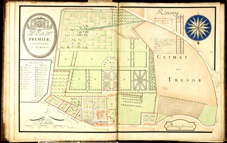 Planche 1 de l'atlas des propriétés de l'abbaye Saint-Père : plan de l'abbaye et de ses jardins.