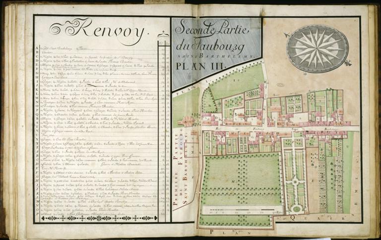 Planche 3 de l'atlas des propriétés de l'abbaye Saint-Père : 'Seconde partie du faubourg Saint-Barthélemy'.