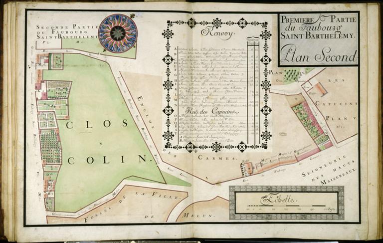 Planche 2 de l'atlas des propriétés de l'abbaye Saint-Père : 'Première partie du faubourg Saint-Barthélemy'.