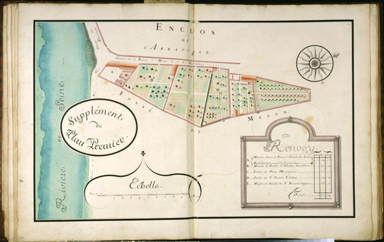 Planche 1bis de l'atlas des propriétés de l'abbaye Saint-Père : 'Supplément du plan premier' (terrain compris entre les fossés de la ville et l'enclos abbatial). Cet espace se situe au niveau de l'actuel boulevard Victor-Hugo.