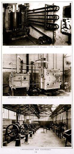 Installations frigorifiques, armoires à vide - fabrication des extraits secs, laboratoire des comprimés. Plaquette éditée par les Laboratoires galéniques Vernin vers 1930, p. 12.