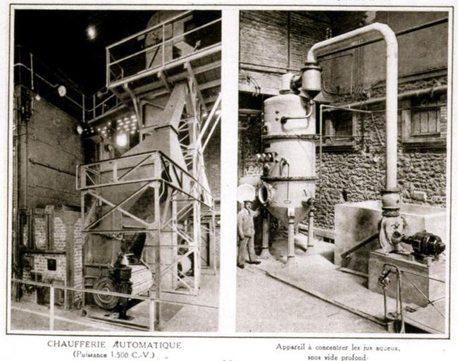 Chaufferie automatique, puissance 1500 CV, 1932 (à gauche). Appareil à concentrer les jus aqueux sous vide, température max. 45° C (à droite). Plaquette éditée par les Laboratoires galéniques Vernin vers 1930, p. 23.