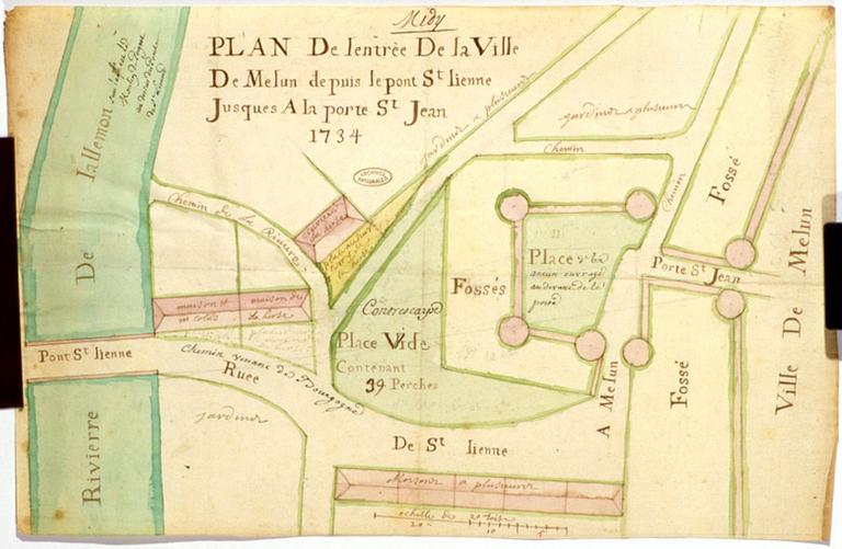 'Plan de l'entrée de la ville de Melun depuis le pont St Lienne jusques à la porte St Jean. 1734'