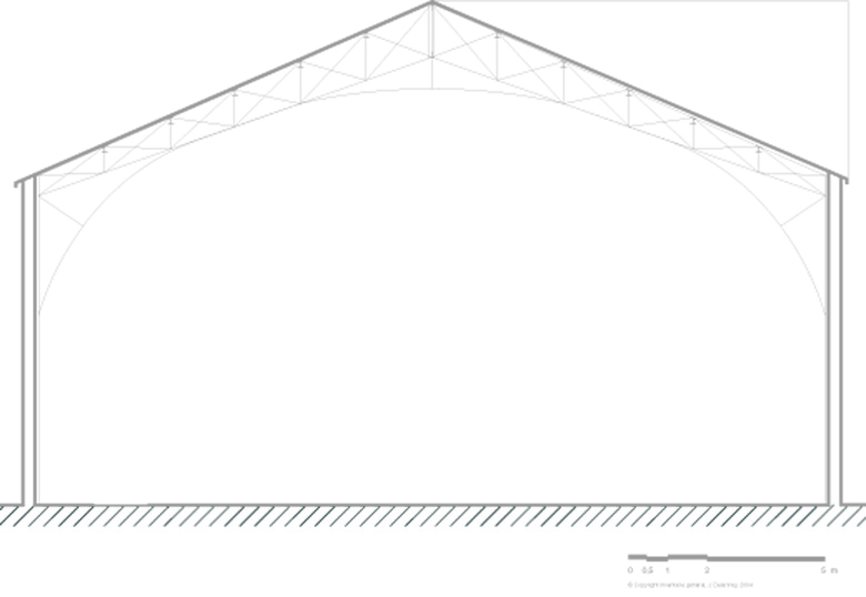 Coupe transversale de la nef centrale de l'atelier.