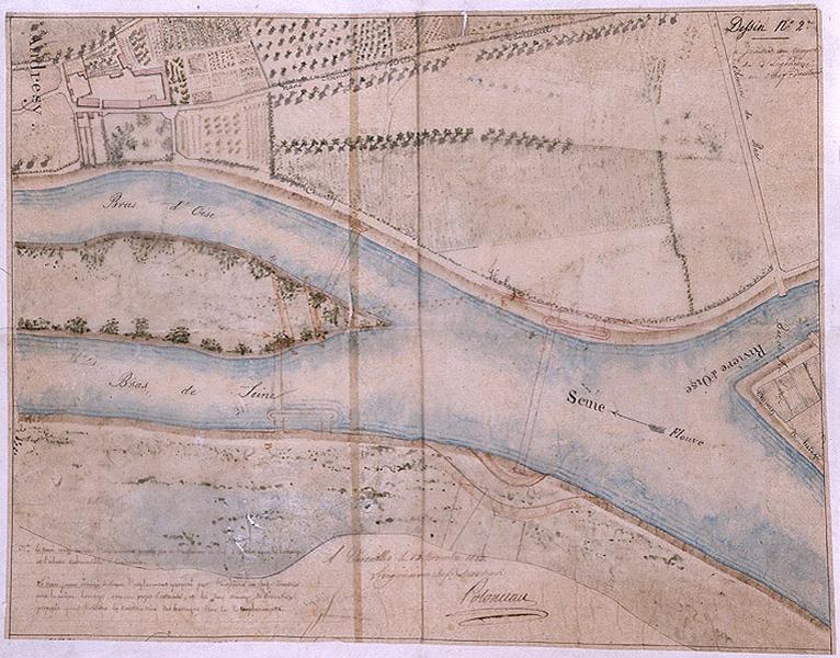deux projets d'emplacement du barrage et de l'écluse d'Andrésy réalisés en 1824 par un ingénieur en chef et l'ingénieur en chef directeur Polonceau