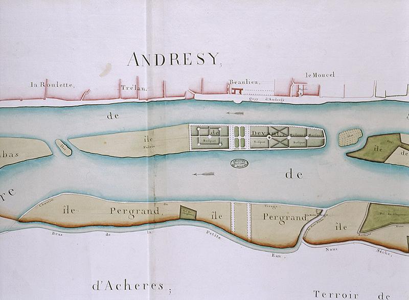 Plan des îles et îlots faisant partie de la seigneurie d'Andrésy (partie centrale) - Plan du jardin dans l'île de Devant et de la perspective sur l'île Pergrand