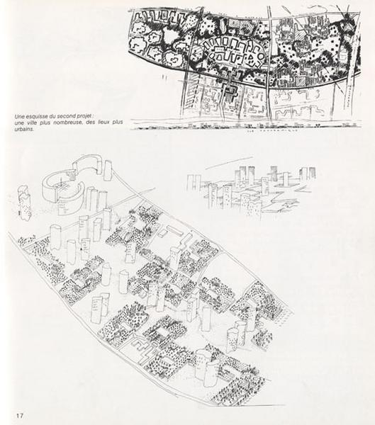 Esquisse axonométrie du second projet du quartier où les cours alternent avec des ensembles de maisons patio.