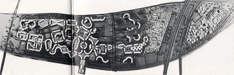 Maquette du projet se développant sur les trois communes, adopté (avec un avis très favorable) en 1969 par le Conseil d'architecture et d'urbanisme du ministère de l'Equipement et du Logement. Aillaud, Emile. Chanteloup-les-Vignes : quartier la Noé, architecte, Emile Aillaud. Paris : Fayard, 1978. p. 38-39.