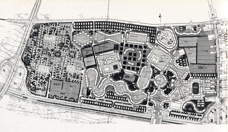 Plan de la partie ouest (depuis Triel jusqu'à la route de Poissy à Chanteloup) du projet, adopté en 1969 par le Conseil d'architecture et d'urbanisme du ministère de l'Equipement et du Logement. La zone sur Triel, ne comprend plus que des maisons patio.
