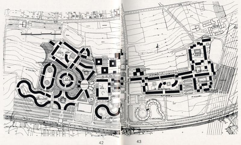 Plan des constructions qui ont finalement été réalisées, entièrement recentrées sur la commune de Chanteloup. Les noms des places créées sont indiqués.