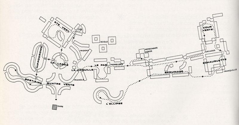 Plan de la Promenade dans la ville proposée par Aillaud pour découvrir le quartier qui indique les bâtiments finalement réalisés et le nom des places qu'ils composent. Les images qui suivent détaillent les places et les bâtiments successifs en suivant ce plan.
