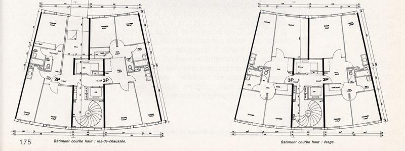 Plans du RDC et d'un étage type d'une trame (2 appartements traversant) de bâtiment courbe haut. L'ensemble est desservi par un escalier et deux ascenseurs.