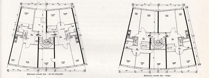 Plans du RDC et d'un étage type d'une trame (2 appartements traversant) de bâtiment courbe bas.