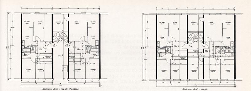 Plans du RDC et d'un étage type d'une trame (2 appartements traversant) de bâtiment droit.
