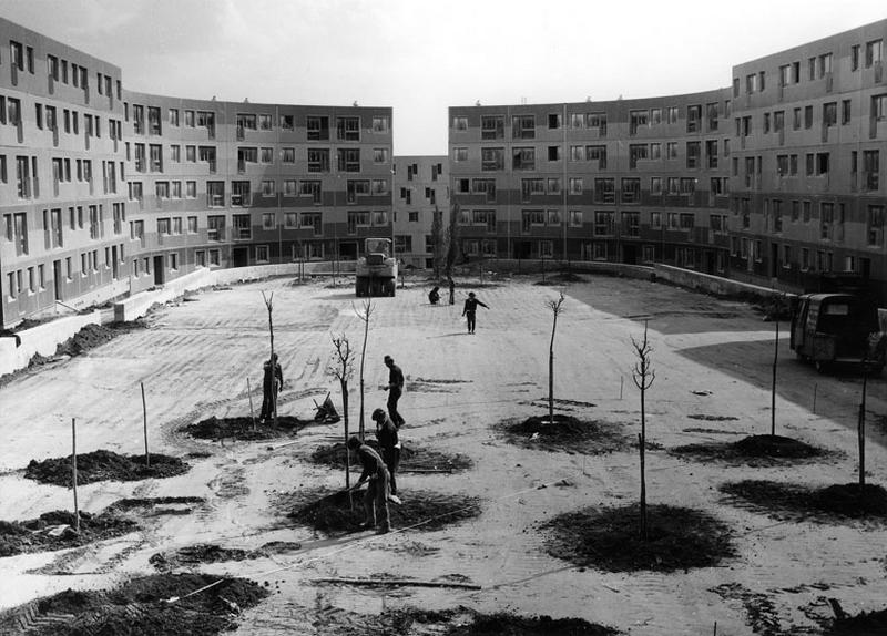 Vue du chantier prise le 17 avril 1973, de la place de l'Hippodrome. Le revêtement de sol de la place n'est pas encore posé, les arbres des deux rond-points sont en cours de plantation.