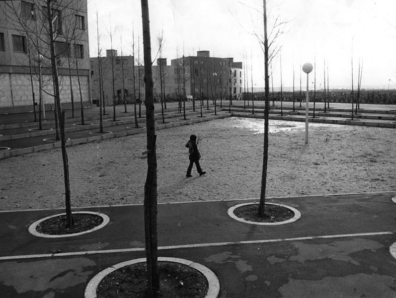 Vue prise en 1976. La cité est habitée. Détail de l'espace baptisé les Peupliers (un triangle placé derrière la place de la Coquille), planté de trois rangées de peupliers suisses sur trois minces niveaux refermant un enclos isocèle destiné au jeux de boules.