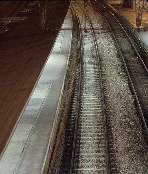 La gare et ses voies ferrées : les quais du réseau banlieue de la gare voyageurs.