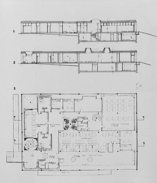 Coupes et plan du rez-de-chaussée.