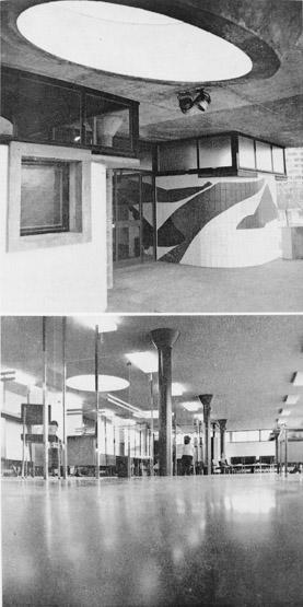 En haut, l'entrée du bâtiment décorée d'un panneau mural de P. Foujino ; en bas, les bureaux du personnel et la salle des prestations.