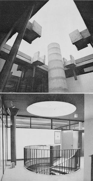 En haut, le patio au centre du bâtiment ; en bas, escalier surmonté d'un oculus.