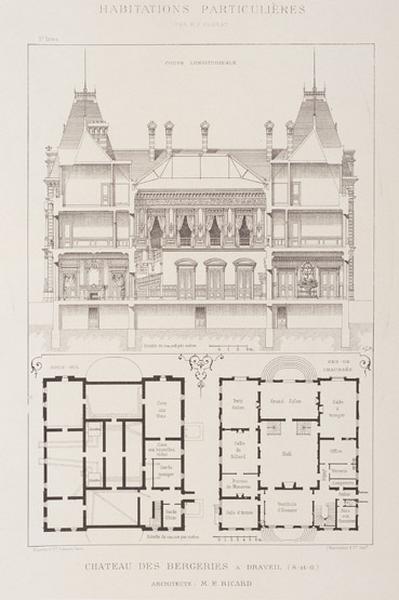 Coupe longitudinale et plans du sous-sol et du rez-de-chaussée.