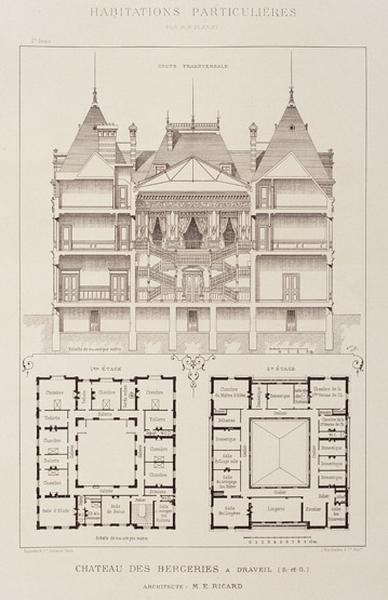 Coupe transversale et plans des 1er et 2e étages.