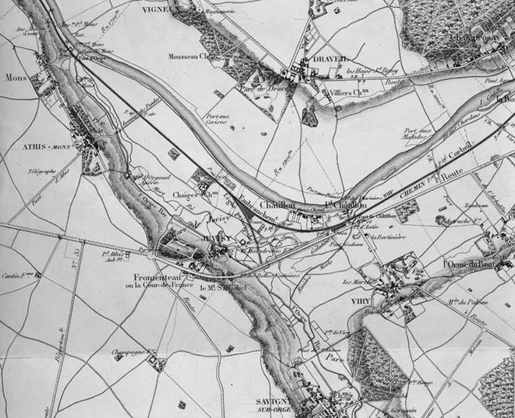 Le réseau du P.O. : Carte topographique du tracé de la ligne de chemin de fer de Paris à Orléans, dressée par Alexis Donnet, ingénieur topographe, 1839 : détail de l'embranchement de Juvisy. (A.N. F14/10 333 dossier 1 doc. 2.)