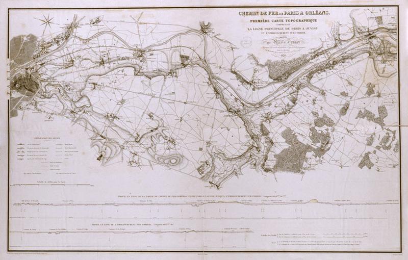 Le réseau du P.O. : Carte topographique du tracé de la ligne de chemin de fer de Paris à Orléans, dressée par Alexis Donnet, ingénieur topographe, 1839.