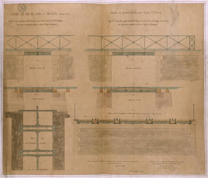 La gare et ses voies ferrées : plans et profils des ponts à construire dans Juvisy pour le franchissement des rues par les voies de la ligne du Paris-Orléans, dressés par l'ingénieur Adolphe Jullien, 1839 (A.N. F14/10 333 dossier 1 doc. 5).