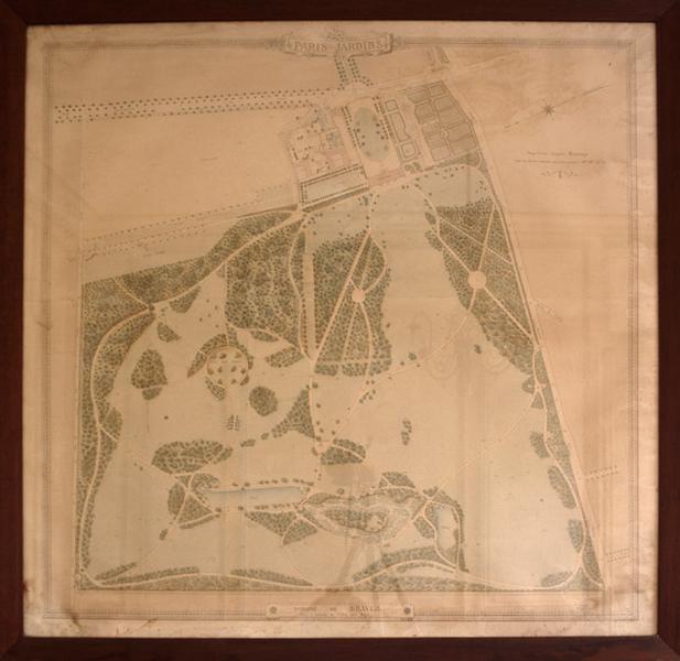 Plan d'ensemble du domaine de Paris-Jardins, dressé par P. Coppin, géomètre de la ville de Paris, 9, rue du Sahel. 1911. Ce plan est conservé dans une des pièces du château (située à droite du grand salon).