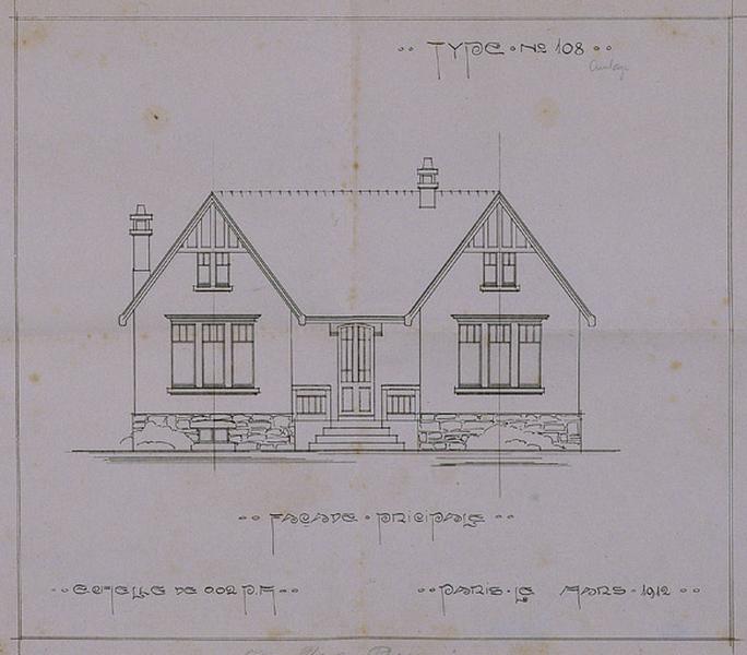 Plan d'une maison du type n° 108 : élévation principale.