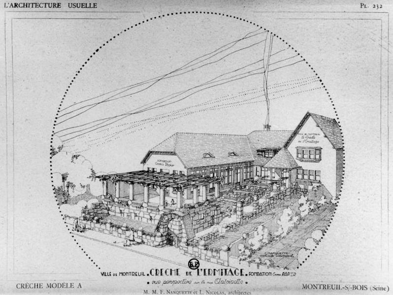 Vue en perspective sur la rue Antoinette, dessin gravé, 1928