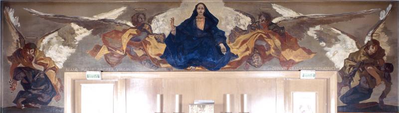 Fresque du choeur de la chapelle. Marie médiatrice de toutes grâces en gloire peinte par par Lucien Fontanarosa en 1951.