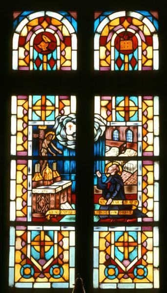 Verrière de la chapelle. Notre seigneur encourage saint Camille à fonder son ordre. Dessinée en 1951 par J. Le Breton et réalisée par R. Brenner.