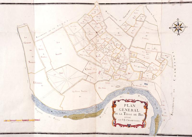 Plan général de la terre et seigneurie de Bry. tableau d'assembalge des différentes cartes de l'atlas.