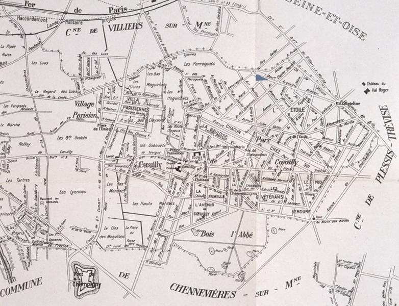 Plan de la ville en 1942 ; détail du quartier de Coeuilly.
