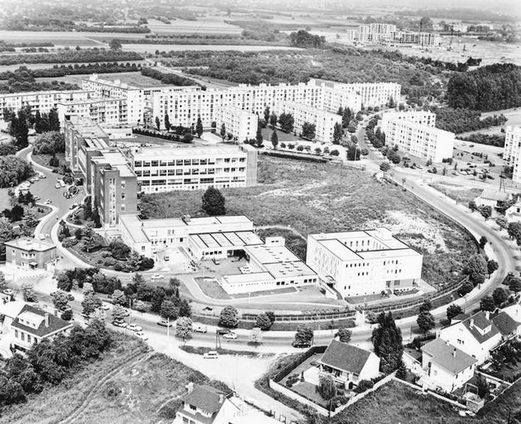 Vue aérienne du plateau. Au premier plan l'hôpital Saint-Camille, au second plan les ensembles de logements des résidences Bry Beau Site et Site et Parc.