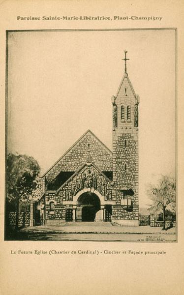 Projet de l'église Sainte-Marie-Libératrice du Plant, chantier du Cardinal, clocher et façade principale.