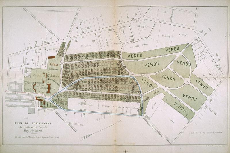 Plan imprimé du lotissement du château et du parc de Bry indiquant l'ensemble des parcelles vendues.