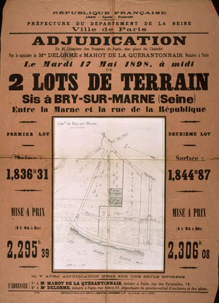 Affiche d'adjudication de deux lots de terrain le 17 mai 1898.
