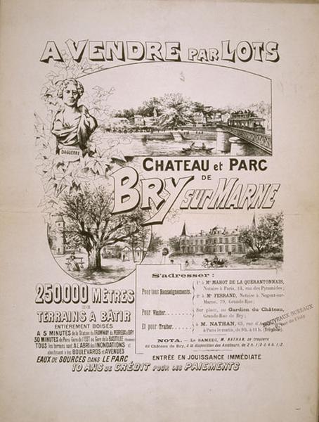 Affiche : A vendre par lots, château et parc de Bry (revers du plan du lotissement du château et du parc de Bry-sur-Marne indiquant l'ensemble des parcelles vendues).