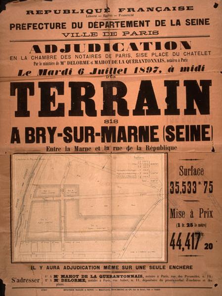 Affiche d'adjudication d'un terrain le 6 juillet 1897.